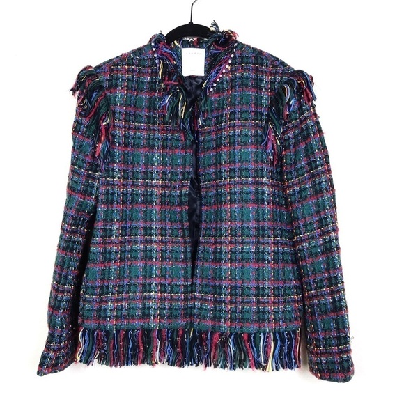Sandro Paris Hook Eye Fringed Tweed Check Jacket - Picture 4 of 10